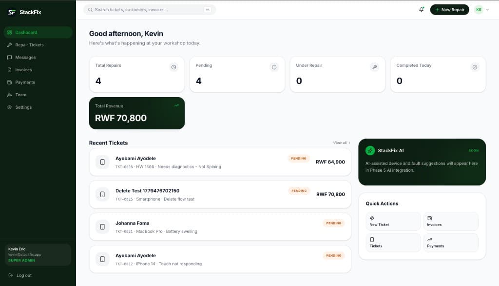 StackFix dashboard showing repair tickets, Mobile Money revenue and AI suggestions