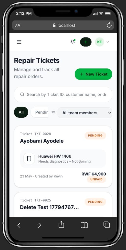 StackFix mobile repair tickets app for workshops in Rwanda