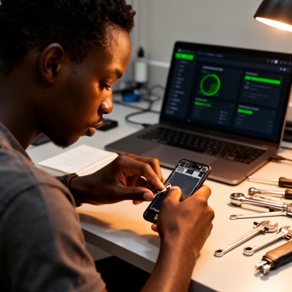 A Rwandan technician using StackFix at a Kigali workshop